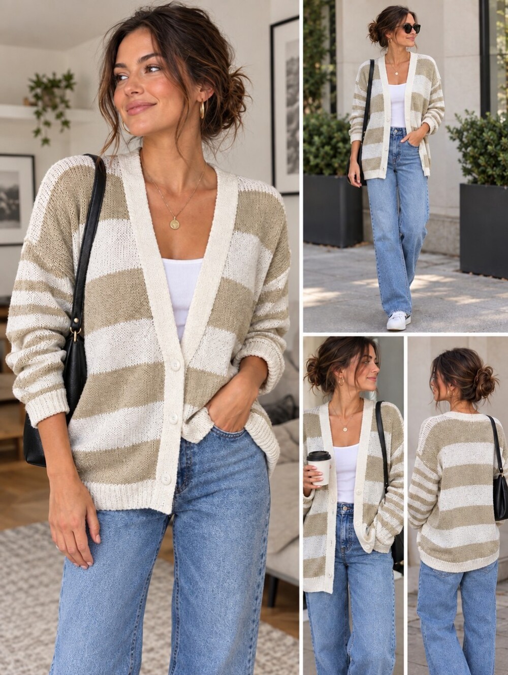 Vintage 80's Beige and Cream Striped Button-Front Women's Cardigan Sweater L